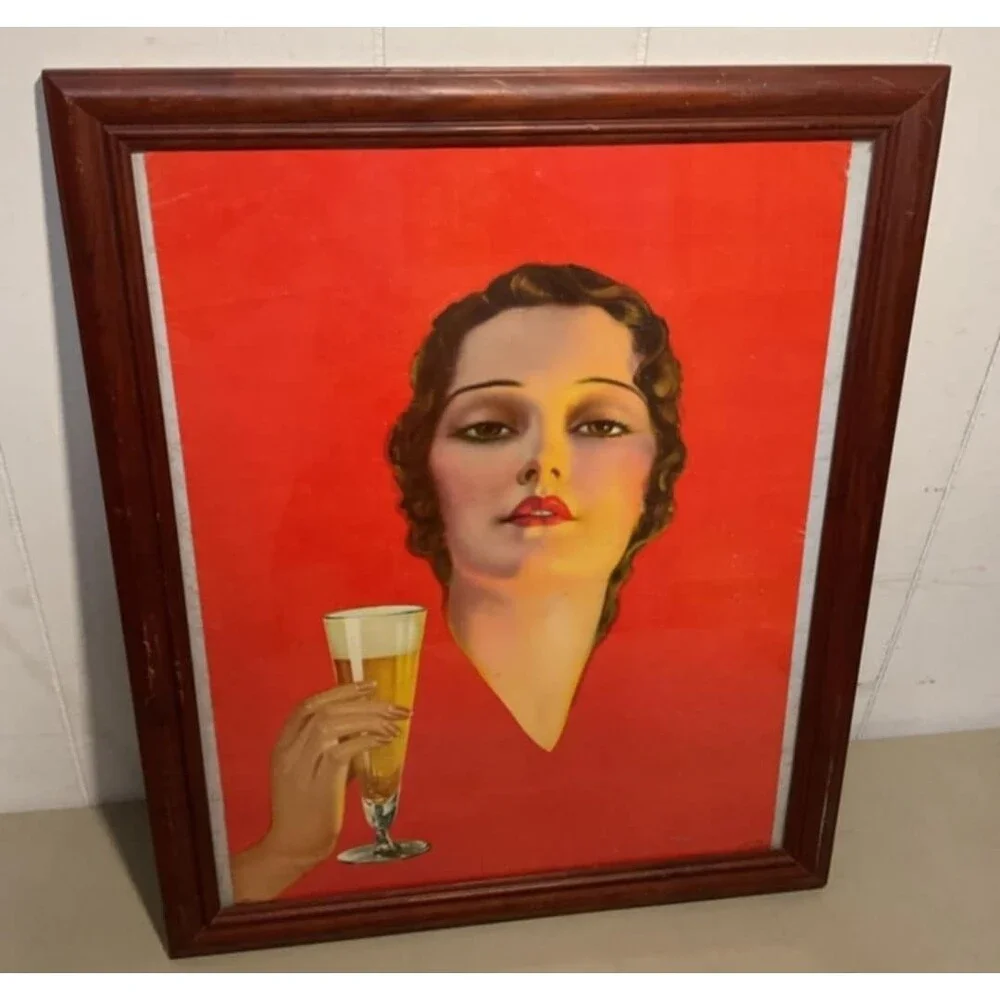 Art Deco Beer Girl Lithograph Sign Pinup USA 1920s Brewiana